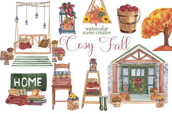 Download Cozy Fall. Watercolor Scene Creator - Premium Bundle
